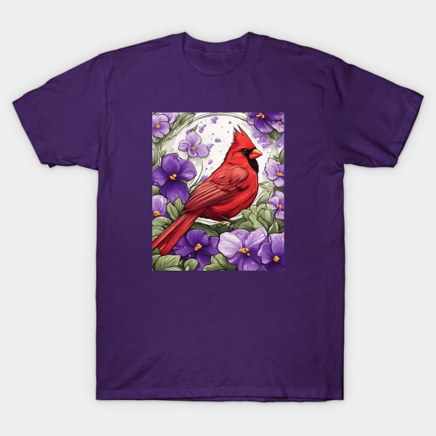 Cardinal Bird Surrounded By Violet Viola Flower Border T-Shirt by taiche